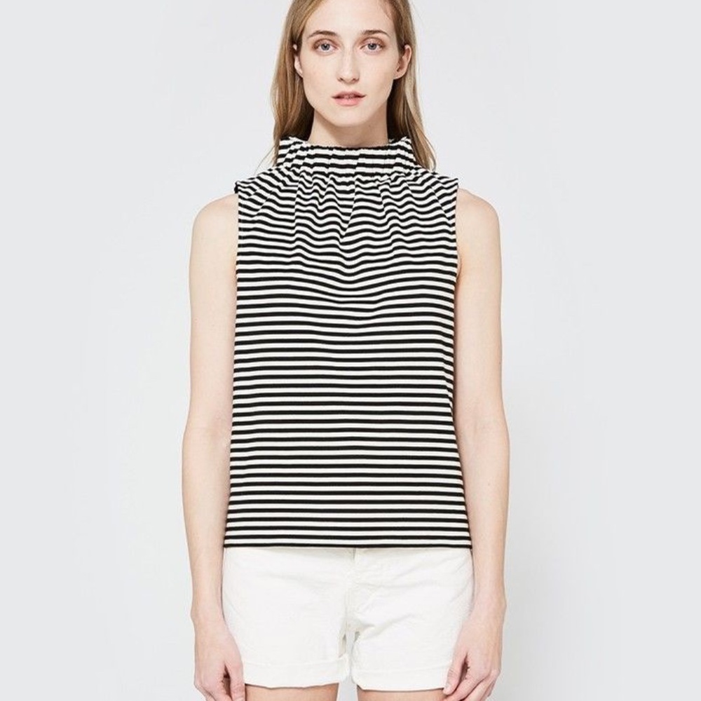Tibi Ren Knit Shirred Top Striped Black and Cream - Small